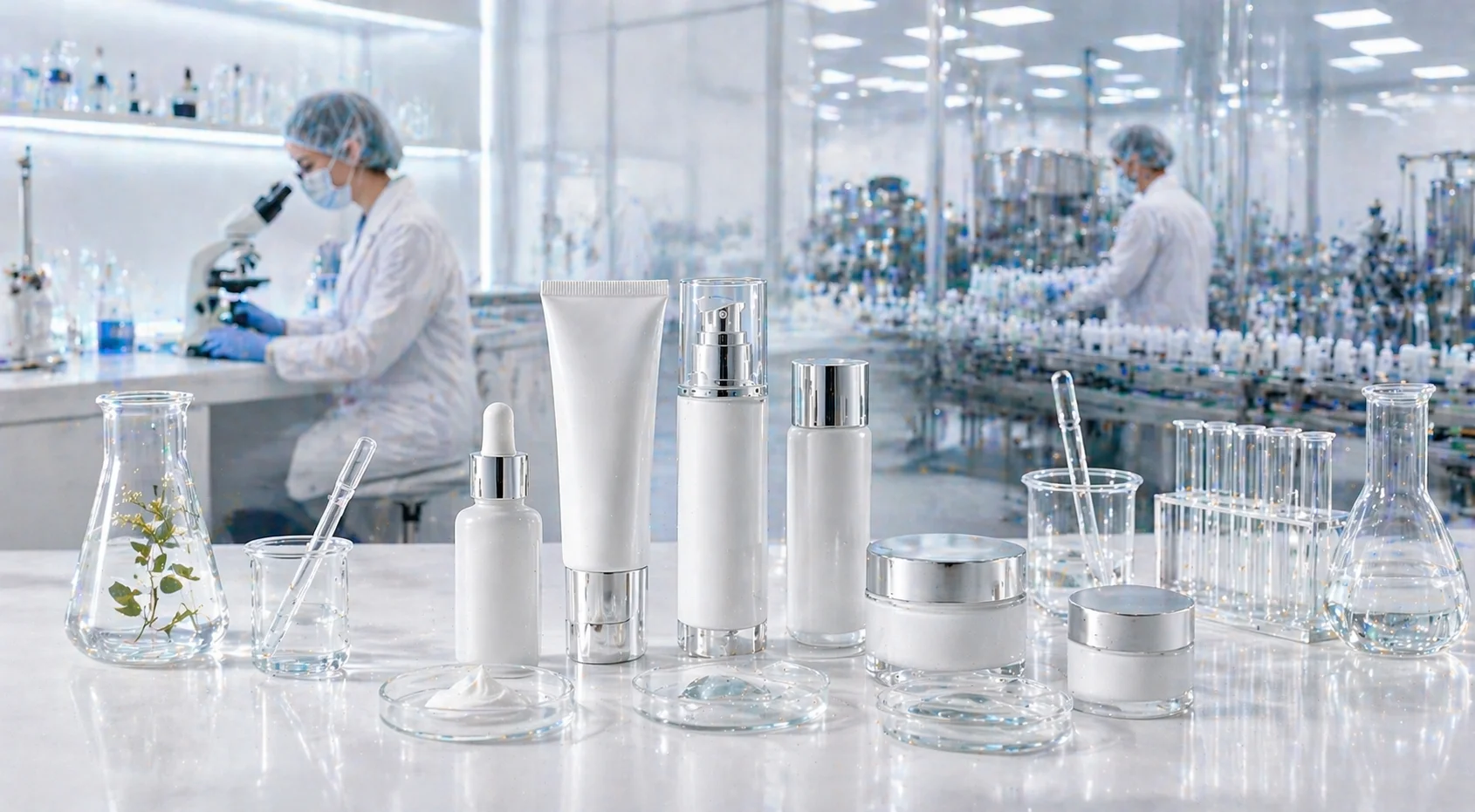 White packaging of cosmetic products with laboratory glassware and a researcher examining samples under a microscope in a lab.